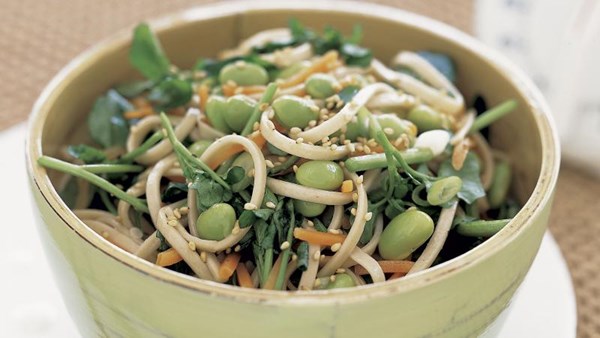 Emerald udon bowl with edamame and wilted watercress
