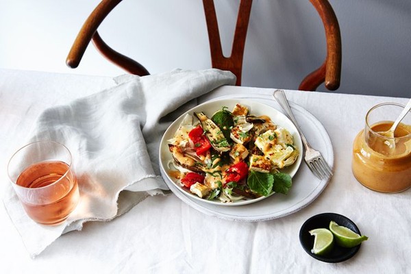 End-of-summer vegetables roasted Thai-style with tofu