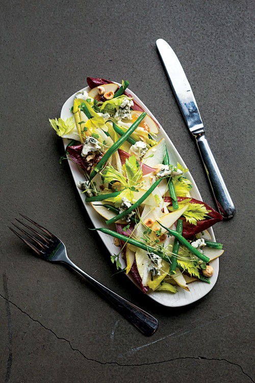Endive and Roquefort salad with smoked pepper jelly and hazelnuts