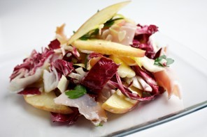 Endive, apple and farmhouse cheddar salad with country ham and wheat beer dressing