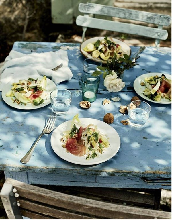 Endive, ham, and walnut salad