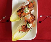 Endive spears with sweet potato, bacon & chives
