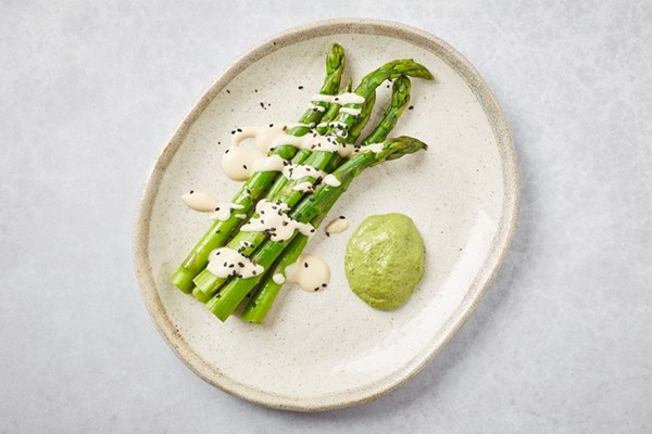 English asparagus with tahini verde and miso aioli
