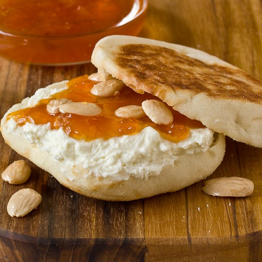 English muffins with apricot preserves & feta spread