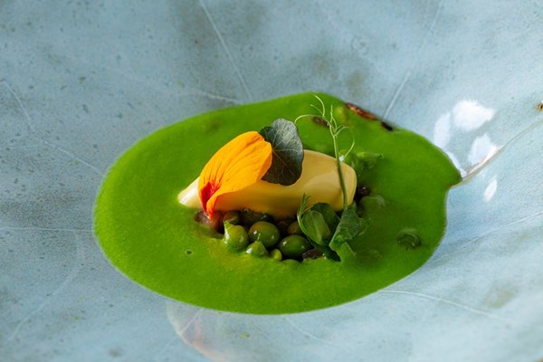 English peas with nasturtium ice cream and pea velouté