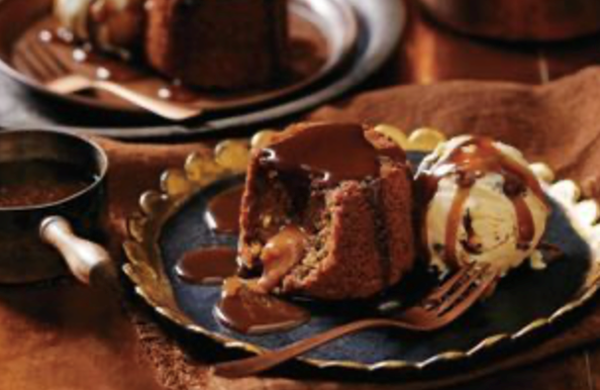 English sticky toffee pudding with caramel centre and caramel crunch ice cream