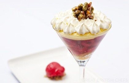 English trifle with a sorbet of Norfolk raspberries and sugared nuts