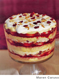 English trifle with pears and dried cherries