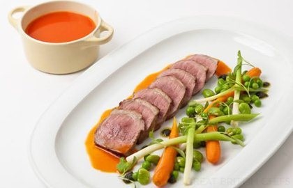 English vegetable minestrone with a roasted chump of Lune Valley lamb and lovage pesto