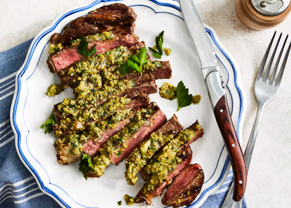 Entrecôte with green olive tapenade butter