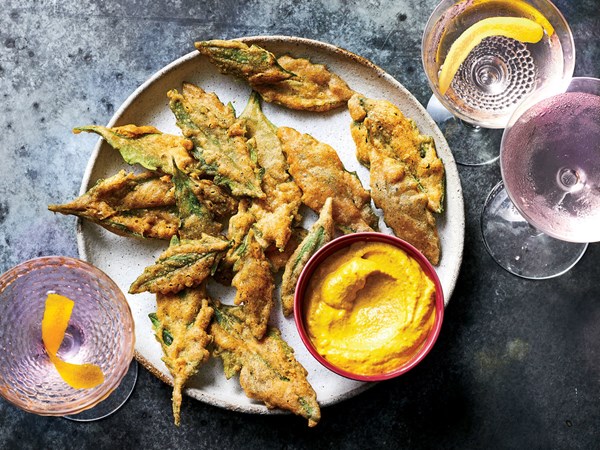Epazote pakoras with turmeric raita
