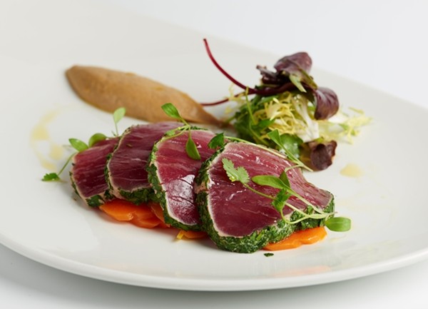 Escabeche of yellowfin tuna with aubergine purée and herbs