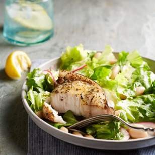 Escarole & white bean salad with swordfish