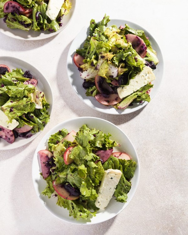 Escarole salad with charred grapes, apples and blue cheese
