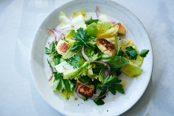 Escarole salad with smoky halloumi croutons