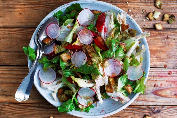 Escarole salad with za'atar pita crisps, blood oranges, radishes, and hazelnuts