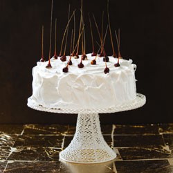Espresso cake with raspberry and rhubarb compote and Italian meringue