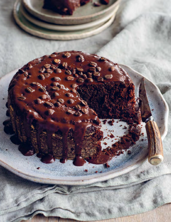 Espresso-choc cardamom cake with coffee-cardamom ganache