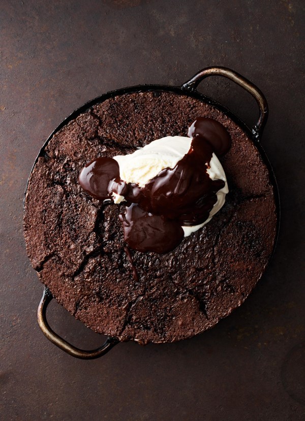 Espresso chocolate pudding with boozy rum fudge sauce