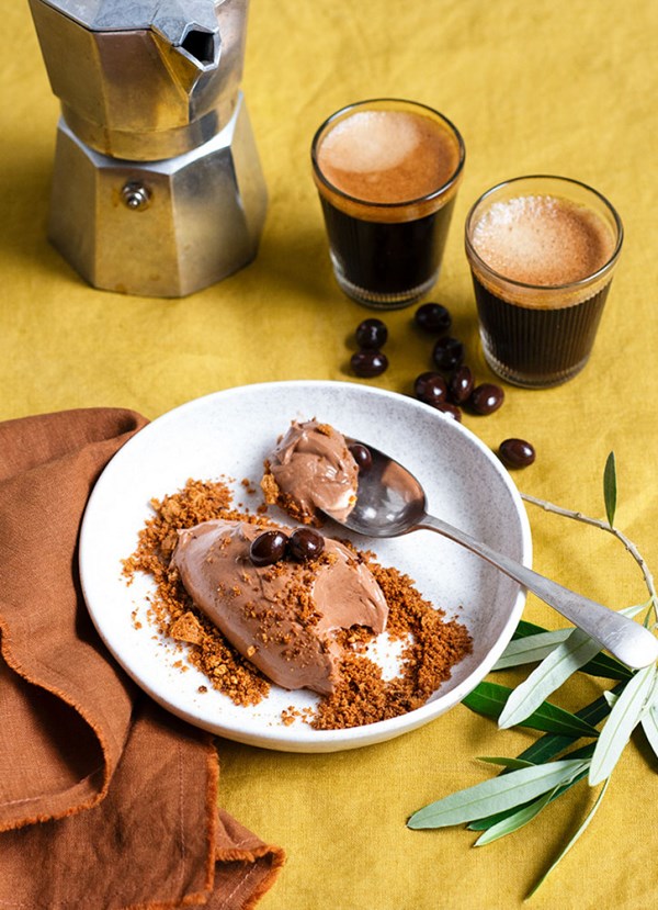Espresso martini mousses on ginger and hazelnut crumb