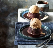 Espresso mud cakes with chocolate syrup & ice cream