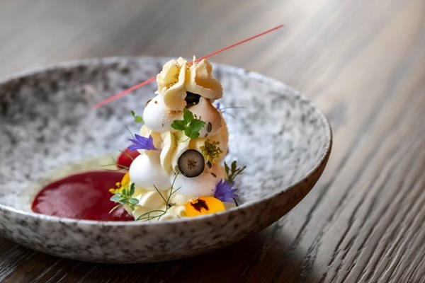 Eton mess with fennel meringue, lemon verbena and raspberry rose sorbet