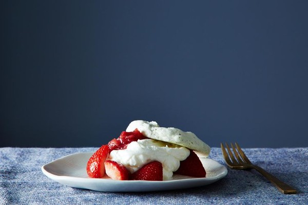 Eton Mess with rhubarb-gin jam and lemon-basil meringue