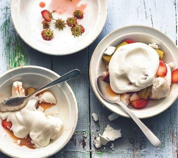 Eton mess with rose, strawberry and roasted rhubarb