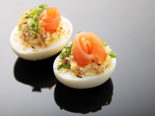 Everything bagel deviled eggs (Smoked salmon, sesame and caraway seeds, and dried onion)