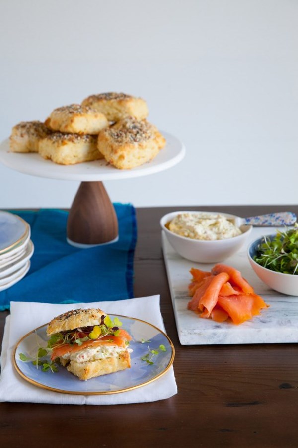 Everything biscuits with smoked salmon and veggie cream cheese