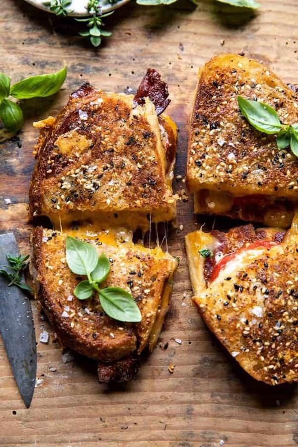 Everything cheddar tomato bacon grilled cheese
