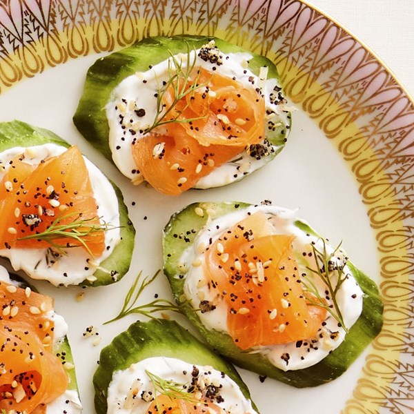 Everything cucumber-smoked salmon bites