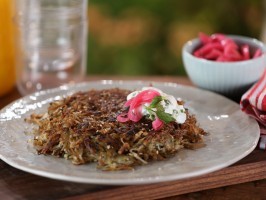Everything hash brown cake with green onion crème fraîche
