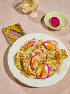 Everything pink salad with Castelfranco, radishes, beet-pickled eggs & smoked trout