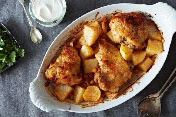 Extraordinary marinated and roasted chicken, potatoes, and chickpeas