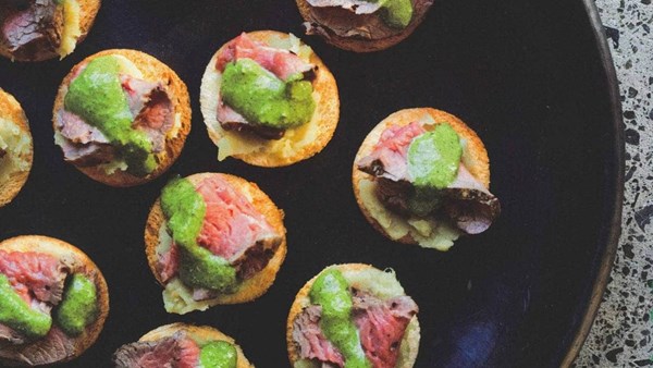 Eye fillet on toast with kumara mash and chimichurri