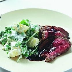 Eye fillet with horseradish, potato and pea salad