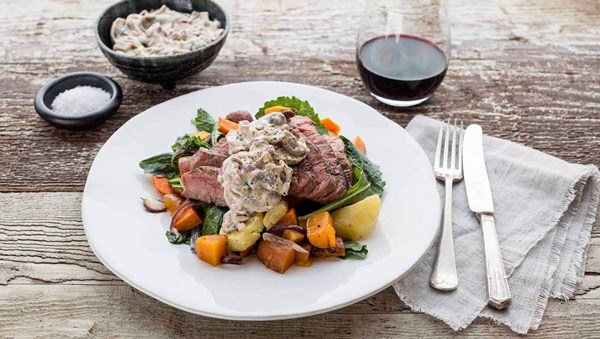 Eye fillet with mushroom sauce and roasted winter vegetables
