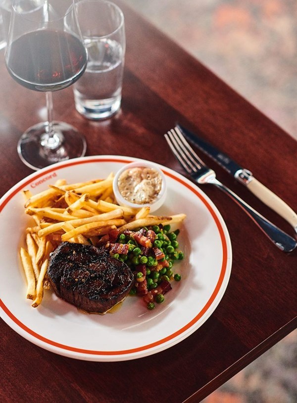 Eye fillet with truffle-parmesan mayonnaise and peas with lardons and mint