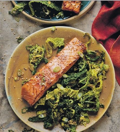 Fairtrade Lapsang Souchong, ginger & miso-marinated grilled salmon with sesame cabbage