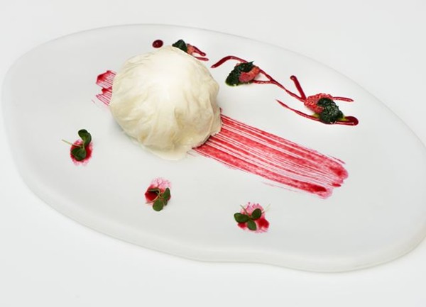 'Fake mozzarella' - mascarpone mousse with yoghurt sorbet, milk skin and cherry sauce
