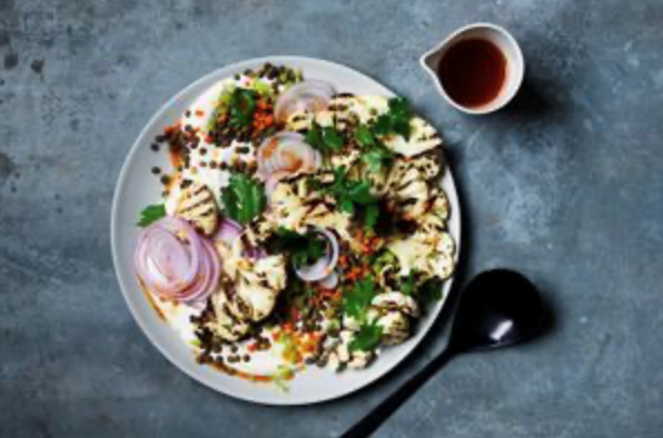 Fakes salad, barbecued cauliflower and tahini yoghurt