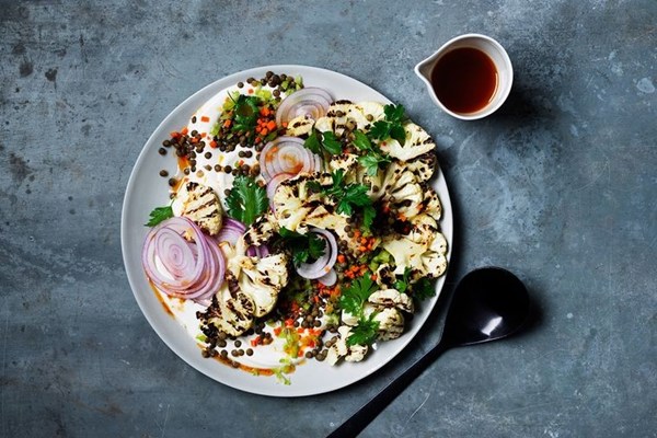 Fakes salad, barbecued cauliflower, tahini yoghurt