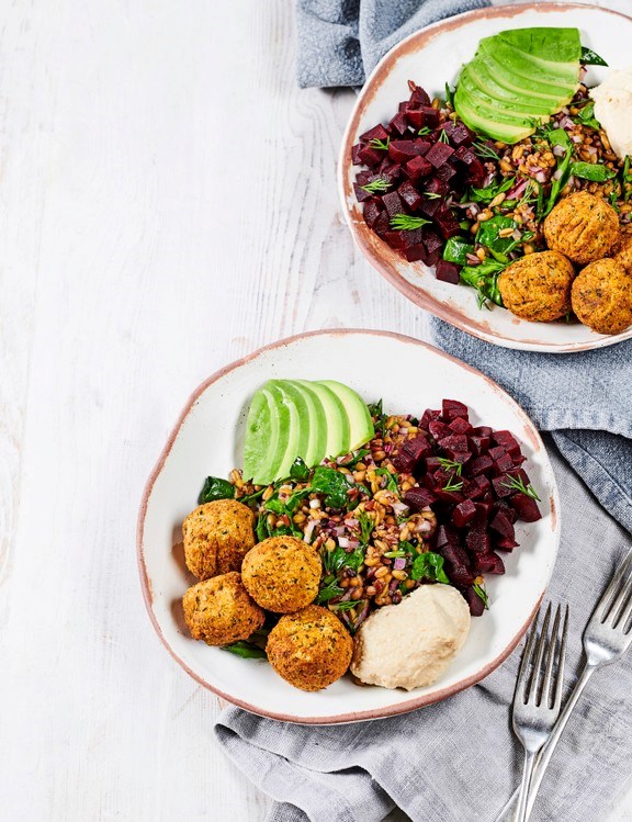 Falafel, beetroot and hummus grain bowl