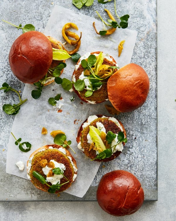 Falafel burgers with feta tzatziki