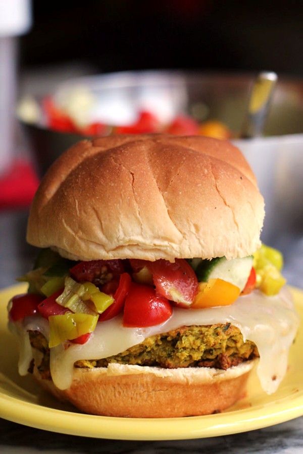 Falafel burgers with pepperoncini salsa