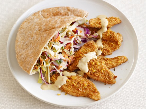 Falafel-crusted chicken with hummus slaw