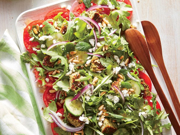 Falafel, feta, and tomato salad