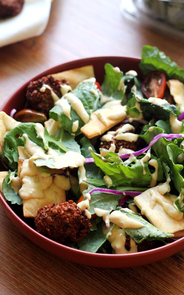 Falafel kale salad with hummus dressing