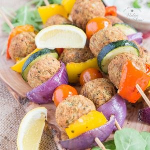 Falafel kebabs with Mediterranean roast vegetables